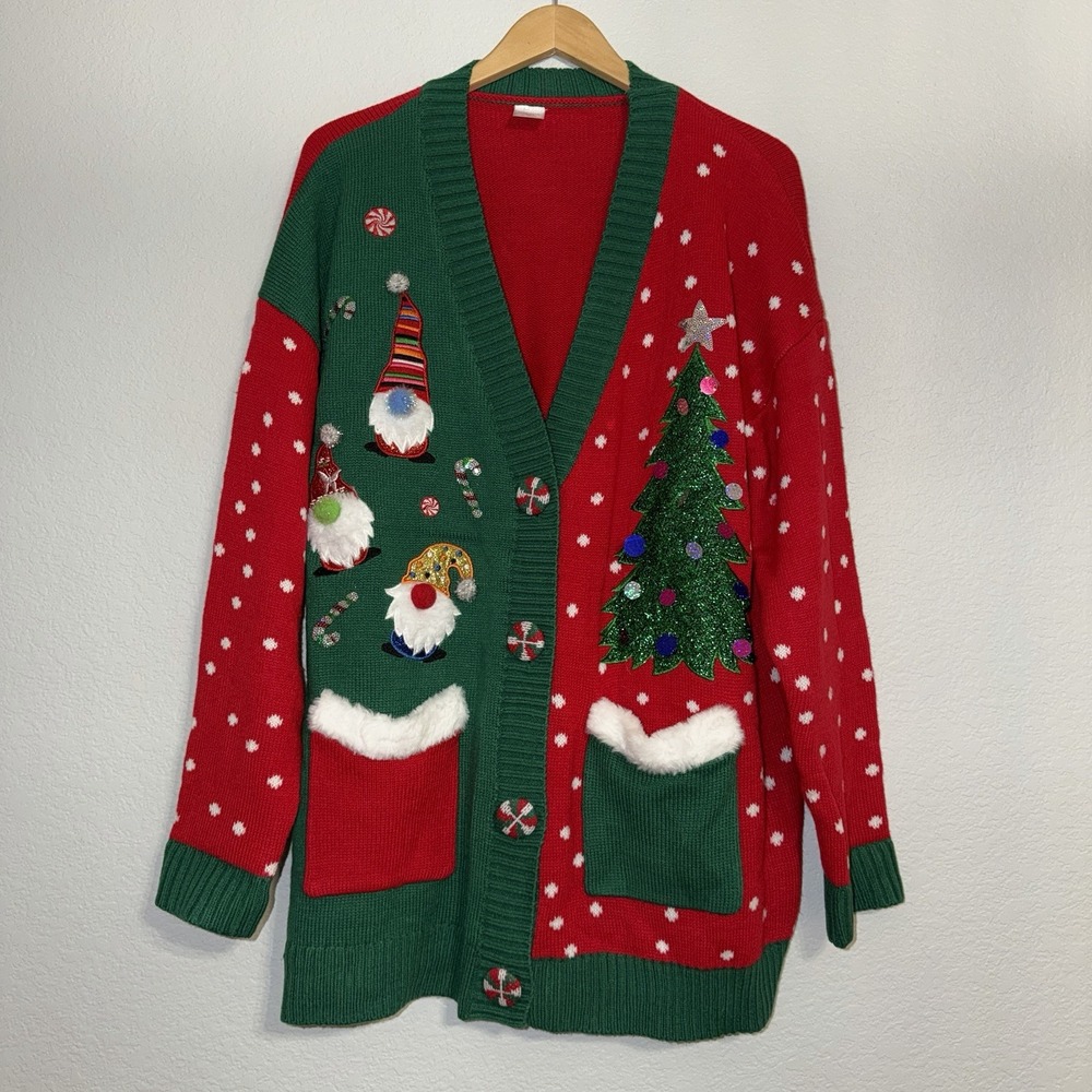 Holiday Time Ugly Christmas Cardigan Sweater XL 16-18 Gnomes Tree 3D Sequin